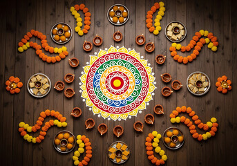 Top view of colorful rangoli design with diyas, flowers and sweets for diwali celebration on wooden background