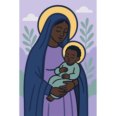 Madonna and Child in Tropical Foliage &mdash; Modern Flat Christian Icon of the Virgin Mary holding a sleeping child, framed by tropical leaves and hibiscus with a soft halo. Ideal for church materials