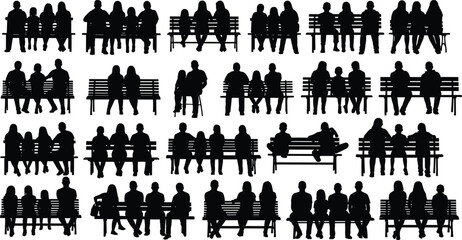 Silhouettes of people sitting on benches in various group arrangements, isolated for social behavior, design, and illustration use