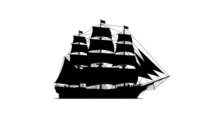 Silhouette of a three-masted sailing ship with full sails against a white background.