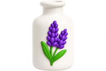 White vase with lavender flowers and green leaves on transparent background