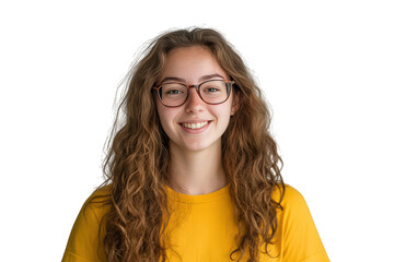 Obraz premium Young woman with long wavy brown hair and glasses smiling isolated on transparent background