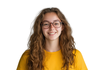 Young woman with long wavy brown hair and glasses smiling isolated on transparent background