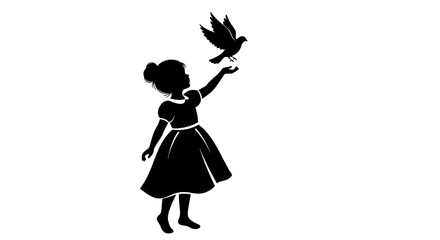 Fototapeta premium Silhouette of a young girl reaching out to a flying bird, symbol of peace.