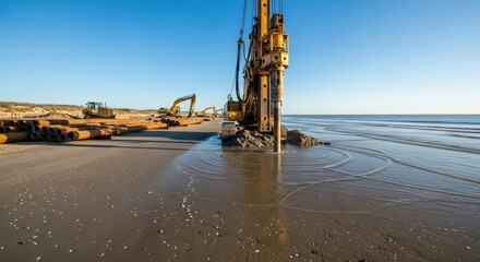 Heavy Pile Driver Rig Installing Foundations on a Sandy Beach at Low Tide