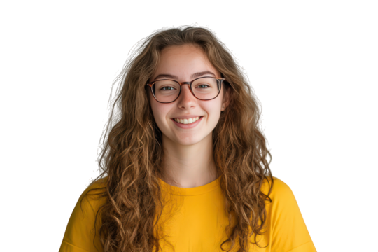 Young woman with long wavy brown hair and glasses smiling isolated on transparent background