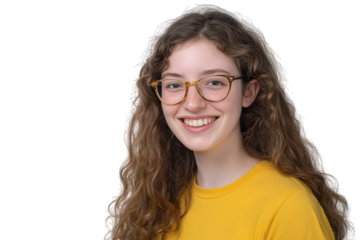 Young woman with long wavy brown hair and glasses smiling isolated on transparent background