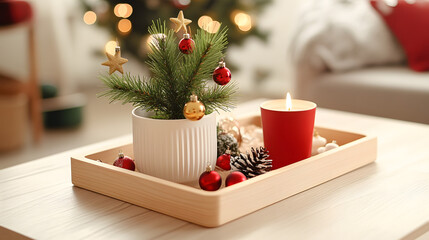 Mini Christmas tree with ornaments on a wooden tray alongside a candle and star decoration