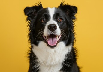 Fototapeta premium A border collie dog with a happy expression on a bright yellow background