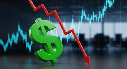 Green dollar sign symbol with a red arrow pointing down on an economy chart. Financial crisis and market decline for business concept.