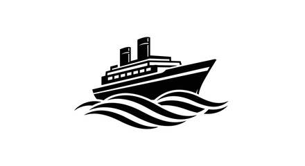 Fototapeta premium A stylized black and white illustration of a cruise ship sailing on waves.