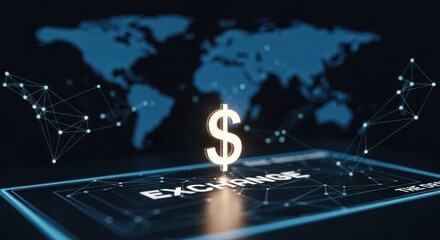 Dollar sign and exchange word on digital tablet with world map. Financial technology and global currency trading concept.