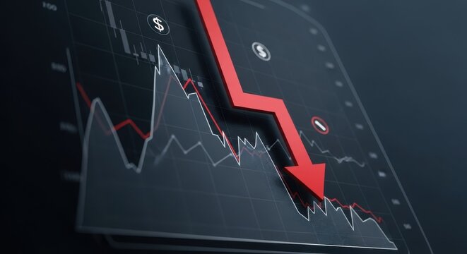 Red arrow pointing downward on financial graph. Bear market chart with falling trend line. Digital stock market data visualization for investment analysis.