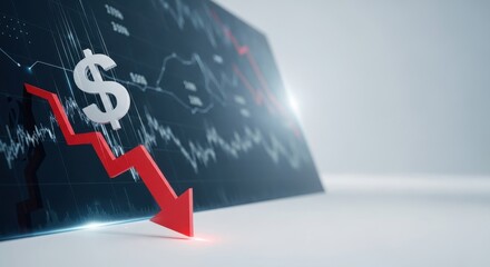 Red arrow showing downward trend with dollar sign on financial chart. Business recession and economic crisis concept.