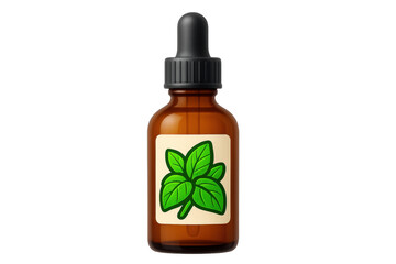 Amber glass dropper bottle containing essential oil with mint sticker on transparent background