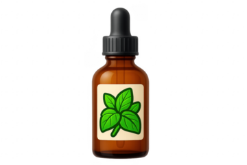 Amber glass dropper bottle containing essential oil with mint sticker on transparent background