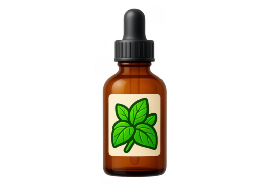 Amber glass dropper bottle containing essential oil with mint sticker on transparent background