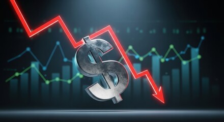 Dollar sign with a red downward arrow on a financial graph. Currency depreciation and economic recession concept for business analytics.