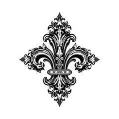 Ornate black, white Fleur-de-lis ornament, classic floral lily symbol. Features intricate scrollwork, decorative elements, ideal for vintage patterns, royal emblems, architectural decor, elegant