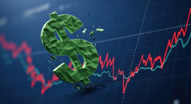 Green dollar sign shattering on financial chart. Crumbling economy and stock market crash. Global recession and crisis concept. - Powered by Adobe