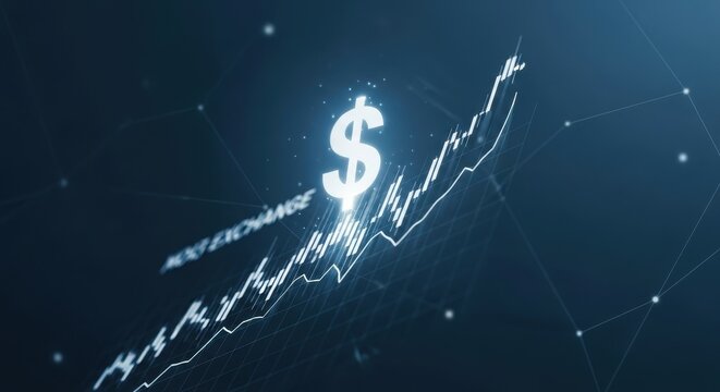 Dollar sign and graph showing rising trend on a dark blue background. Concept of financial growth, stock market success for investment. - Powered by Adobe