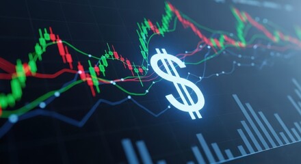 Dollar symbol on financial candlestick chart. Investment and trade stock market analysis. Concept of global economy.