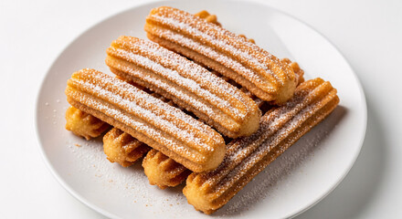 A plate of churros dusted with powdered sugar on a white background in a close up shot view