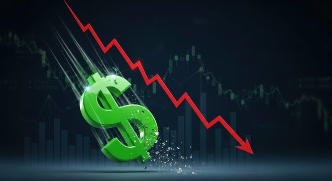 Dollar currency symbol crashes on financial chart background with red downturn arrow. Economic crisis and market decline concept illustration. - Powered by Adobe