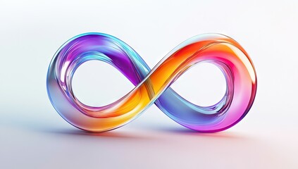 A vibrant, iridescent infinity symbol sculpted from glass.