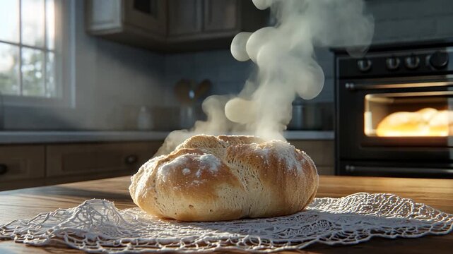 Steaming loaf of artisan bread rests on a lace doily on a kitchen counter, sunlit, with a blurred background of a kitchen and oven