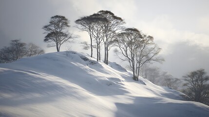 Winter landscape featuring trees silhouetted against a snow-covered hillside, bathed in soft, diffused light.