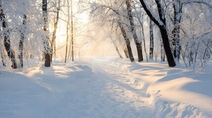 Obraz premium A sunlit winter wonderland path winds through a frosted forest, bathed in golden light.