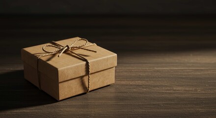 Small brown gift box tied with string on a dark wooden surface.