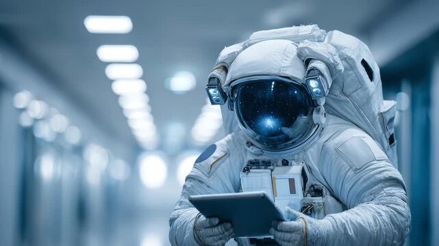 Astronaut in spacesuit uses a tablet in a bright corridor, its visor reflecting stars. Futuristic, high-tech exploration and progress.