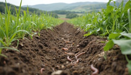 Low angle shot of rich soil in field with cover crops thriving. Earthworms, beneficial organisms visible in cultivated earth. Healthy soil ecosystem for sustainable agriculture, farming practices.