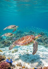 Obraz premium Sea Turtles Swimming in Tropical Ocean Waters.
