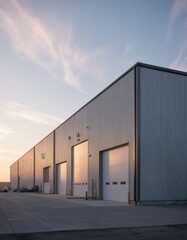 Modern industrial warehouse features spacious design, durable metal construction, large garage doors, clean exterior layout under bright sky. Perfect for storage, manufacturing, logistics,