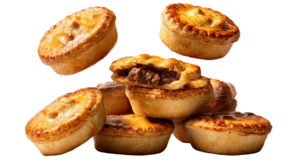 Mini pies, golden crust, meat filling,  stacked,  flying