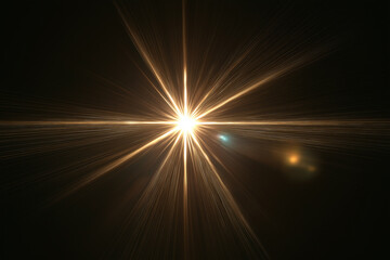 Bright sunny light flare effect with warm golden rays shining in dark background creating glowing starburst