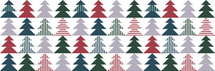 Obraz premium Festive scandinavian retro pattern with Christmas trees. Geometric seamless New Year background. Simple vector winter holiday design for wrapping paper, banners and flyers.
