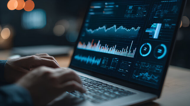 Data analytics and graphs. Analysis of statistical business marketing data. Data scientist using laptop computer to analyze data.