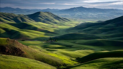 Lush green hills and valleys in a sunlit landscape, showcasing rolling terrain and dramatic shadows.