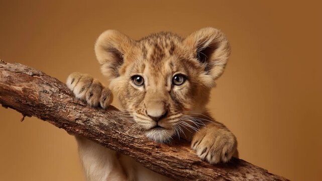 Adorable lion cub resting its paws on a branch. Its fur has a beautiful tan color, and its eyes are captivating. A picture of a sweet, little feline.