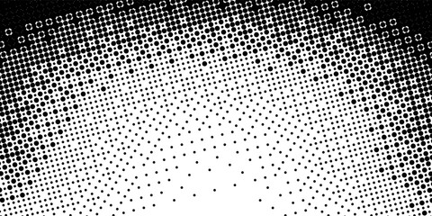 Bitmap grunge gradient texture. Black and white pixelated dither wave pattern. Abstract glitchy 8 bit game wallpaper. Retro wide rasterized backdrop. Pixel art illustration. Vector background