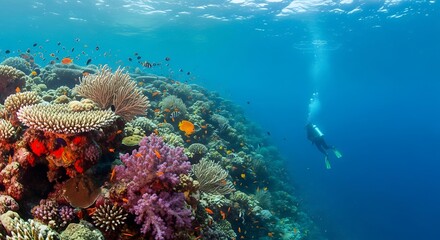 Naklejka premium Vibrant Coral Reef with Scuba Diver Exploring the Deep Blue Ocean.