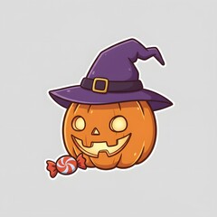 Cute Halloween Pumpkin with Witch Hat and Candy Sticker
