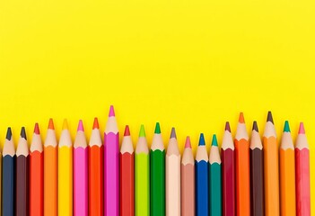 Vibrant colored pencils arranged neatly in a row against a sunny yellow backdrop,  tools,  overhead shot