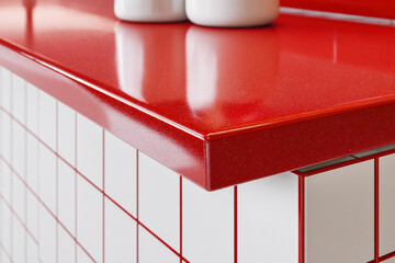 Bold red countertop with matching tiled backsplash creating a clean, modern design aesthetic.