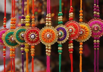Colorful and ornate rakhis displayed, showcasing intricate designs and vibrant hues