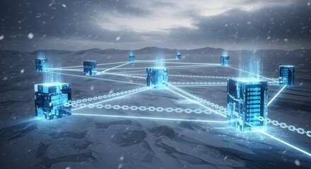 Abstract network of glowing chains linking computer nodes without any typography just glowing chains